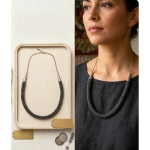 Sterling Silver 925 Black Woven Pearl Rope Necklace with Cone Ends OT Mark